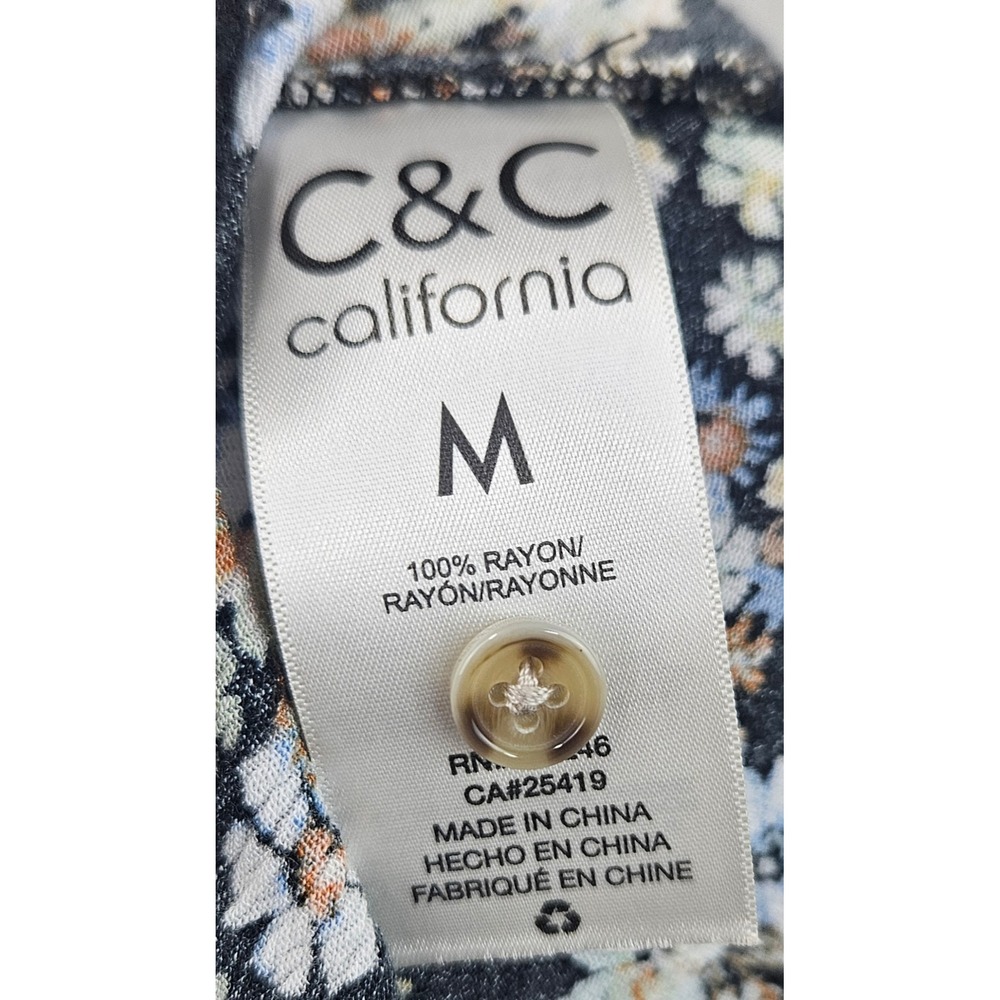 C&C California Women Black‎ Floral Tie Front Button Down Rayon Blouse Size M - Picture 6 of 7